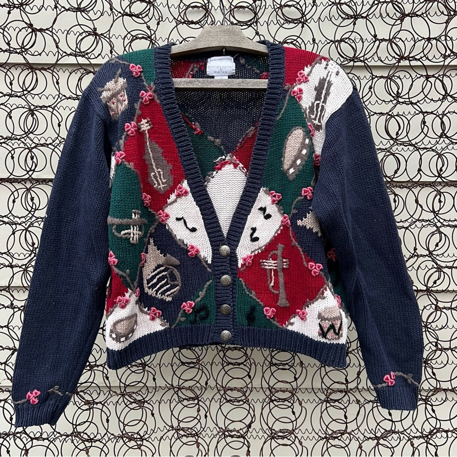Vintage 90s Argyle Floral Band Orchestra Instrument Cardigan Sweater Small